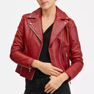Mango MNG Red Leather Moto Jacket Women’s Small Zippers Biker Pockets Asymmetric